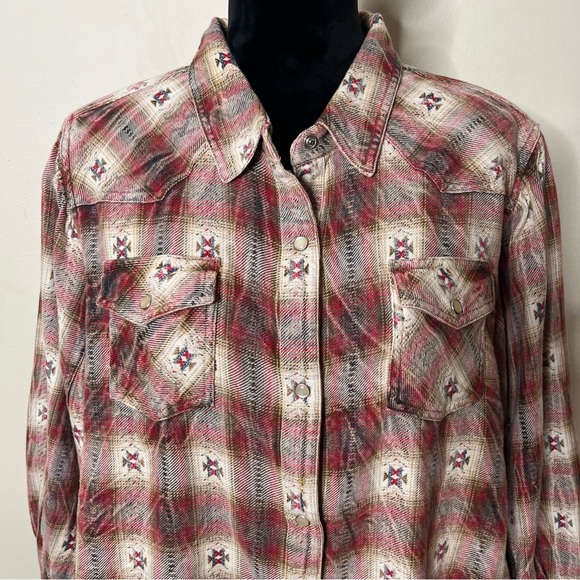 Ivy Jane Brown Burgundy Plaid Southwestern Balloon Sleeve Pearl Snap Shirt Sz L - Picture 3 of 12